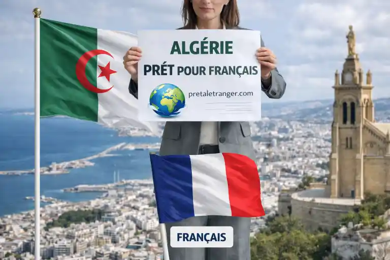 Façade d’une agence bancaire à Alger avec des clients attendant devant le guichet