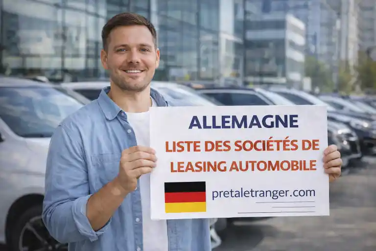 Voiture neuve devant une concession en Allemagne, illustrant la recherche d’une société de leasing automobile