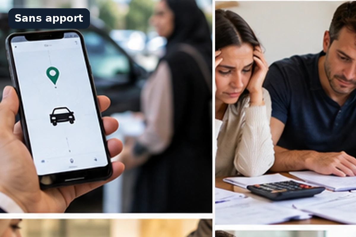 Calculatrice et échéancier d'un contrat de leasing automobile sans premier versement, posés sur un bureau