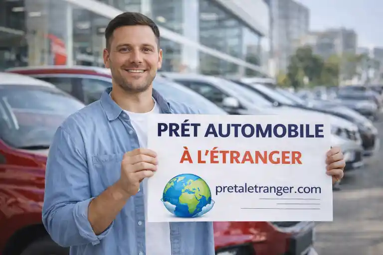 Acheteur signant un contrat de vente de véhicule chez un concessionnaire à l'étranger