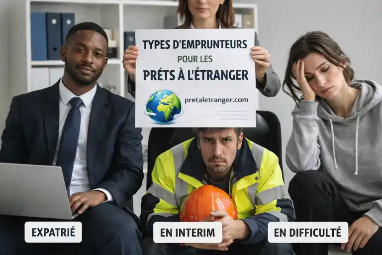 Silhouettes de profils variés devant un guichet de banque : salarié, étudiant, retraité, entrepreneur